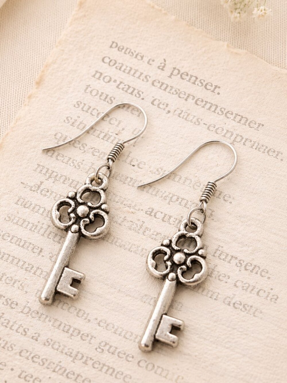 Antiqued Silver Skeleton Key Dangle Earrings Scroll Vintage